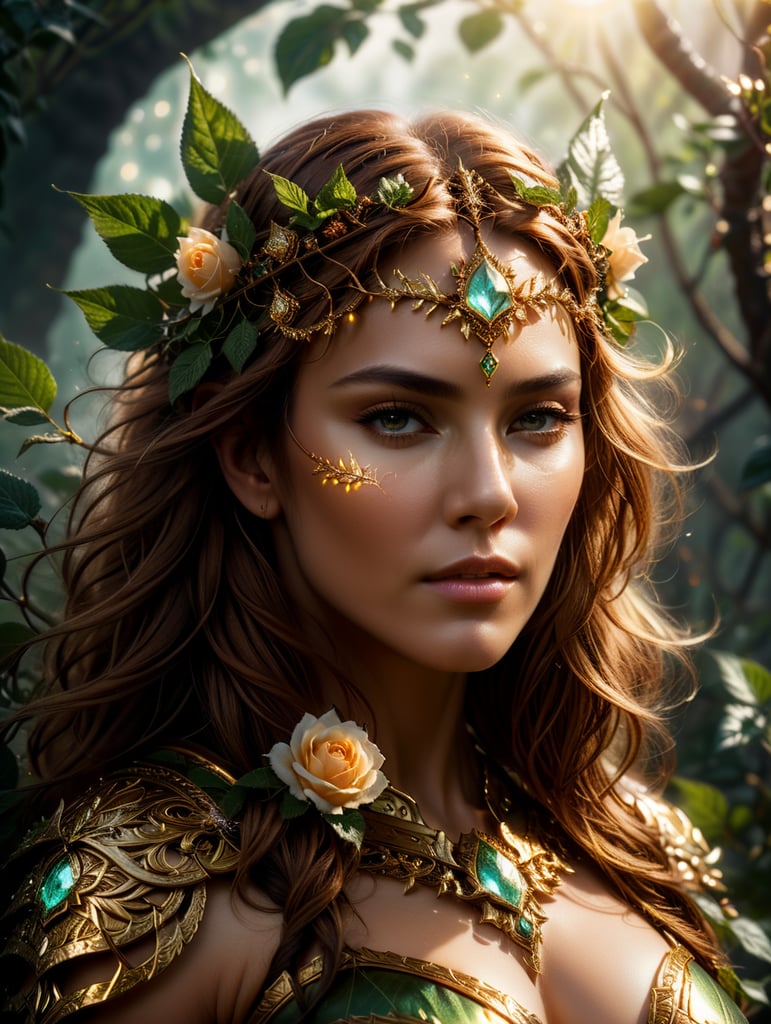ultra detailed druid goddess with a crown made out of pure light, kind-hearted with a penetrating gaze, golden glow, extremely detailed and beautiful face, gorgeous body, soft copper-colored hair, she wears druid armor, ethereal, magical glow, fantasy art by Mschiffer, ultra sharp focus, ethereal glowy smoke, light particles, roses and vines, brambles