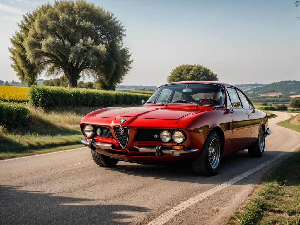 Envision futuristic 2050 version of a red 1970's Alfa Romeo Giulia - GT 1300 on a beautiful Italian countryside road