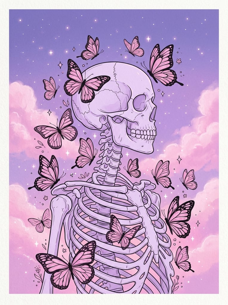 Pale purple human skeleton from chest up facing right, surrounded by large pink butterflies with black wing veins, set against a gradient purple sky, soft pink fluffy clouds, tiny white stars, 2D line art illustration, pastel goth aesthetic, dreamy