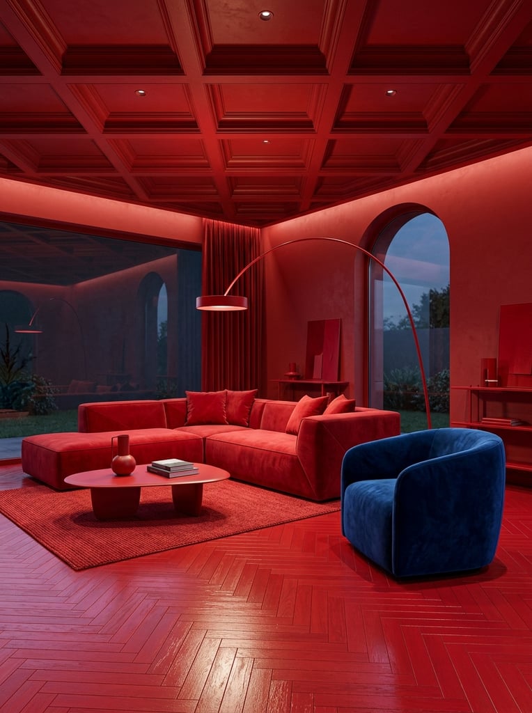 vivid monochromatic red minimalist living room, starkly contrasting single plush deep blue armchair, red L-shaped sectional sofa, sweeping red arched floor lamp, red oval coffee table, red coffered ceiling, red herringbone wood floor, dramatic architectural lighting, photorealistic interior render