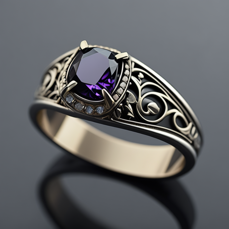 Золотое кольцо с руандийским аметистом в готическом стиле, отделка мелкими черными бриллиантами