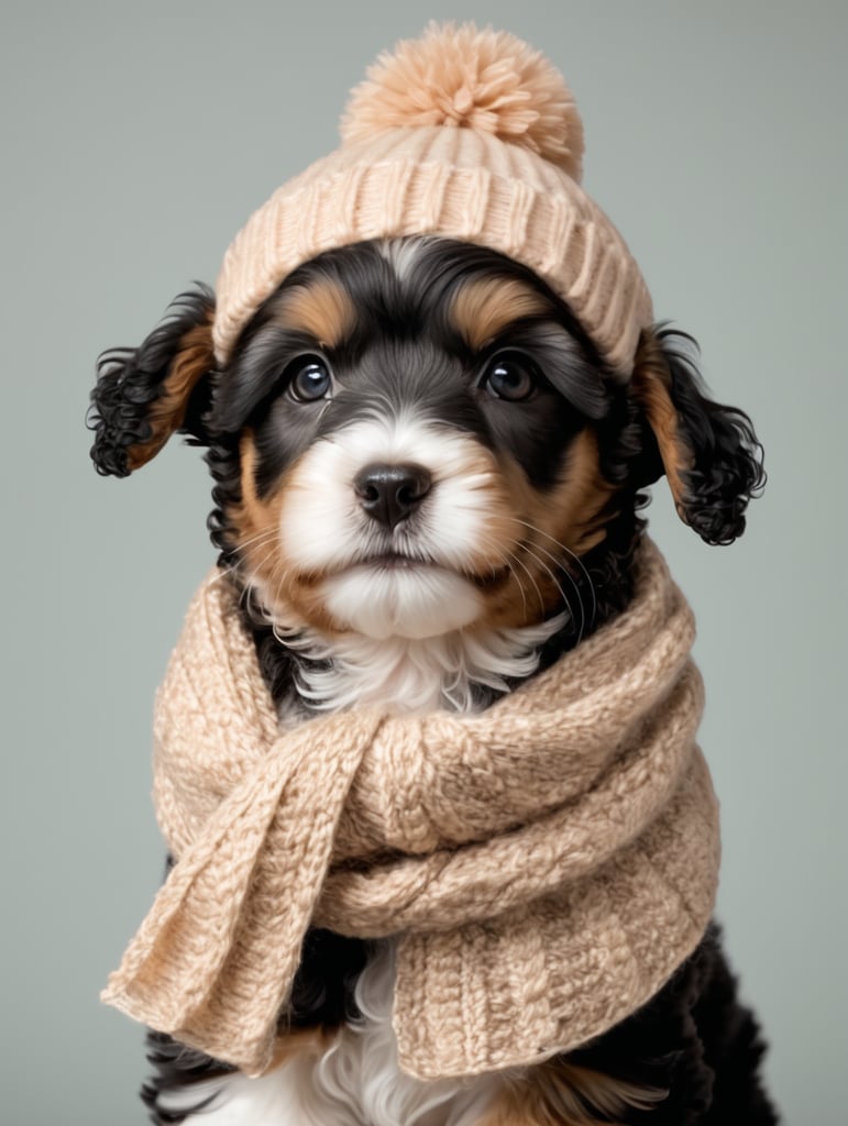 Generate Maltipoo puppy in apricot color in the nine with scarf and wool hat