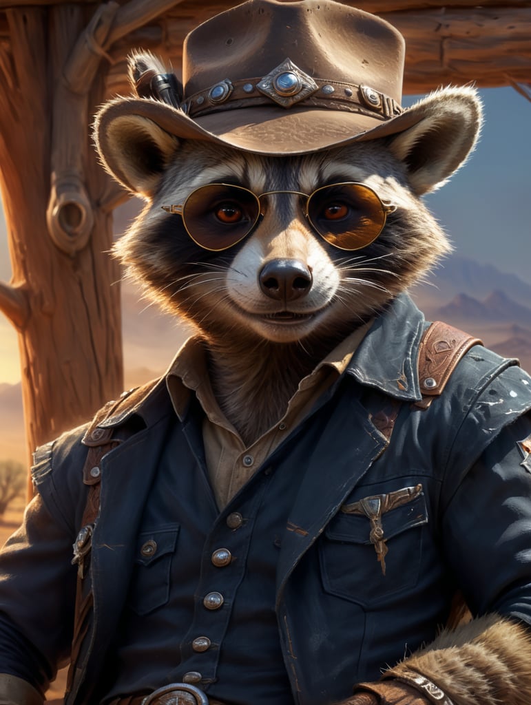 Cheeky racoon. Eye winking. dressed as a cowboy in a desert country and western setting