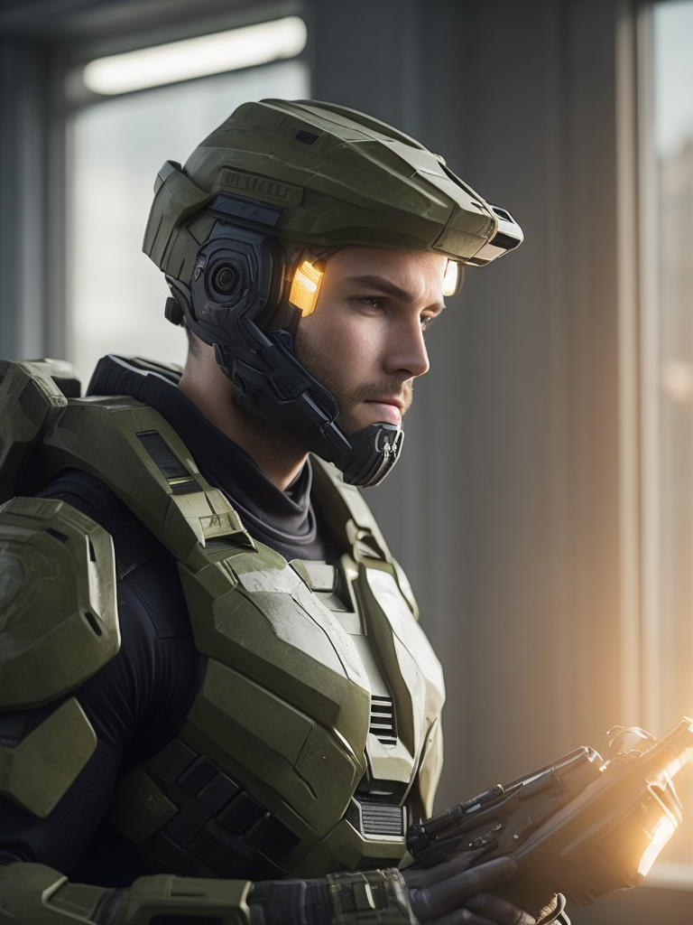 Master chief from halo doing a call using a celphone