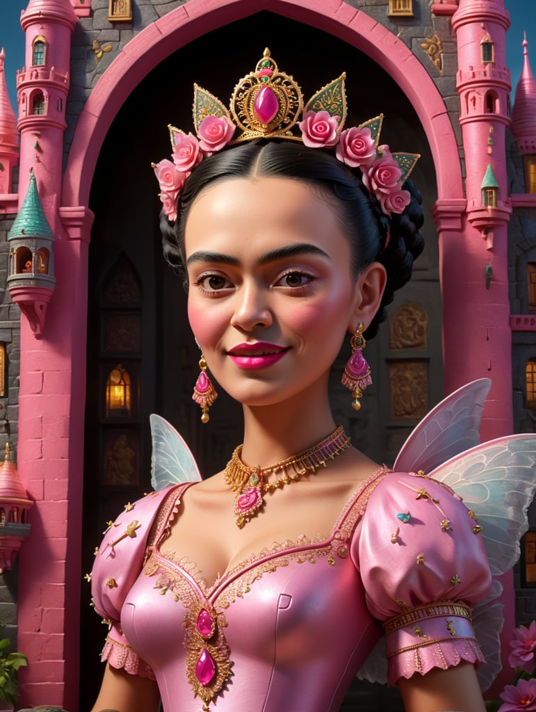 Imagine a full body charming 3D cartoon of Frida Kahlo as a pink Tooth Fairy straight out of a Disney movie on a pink castle background