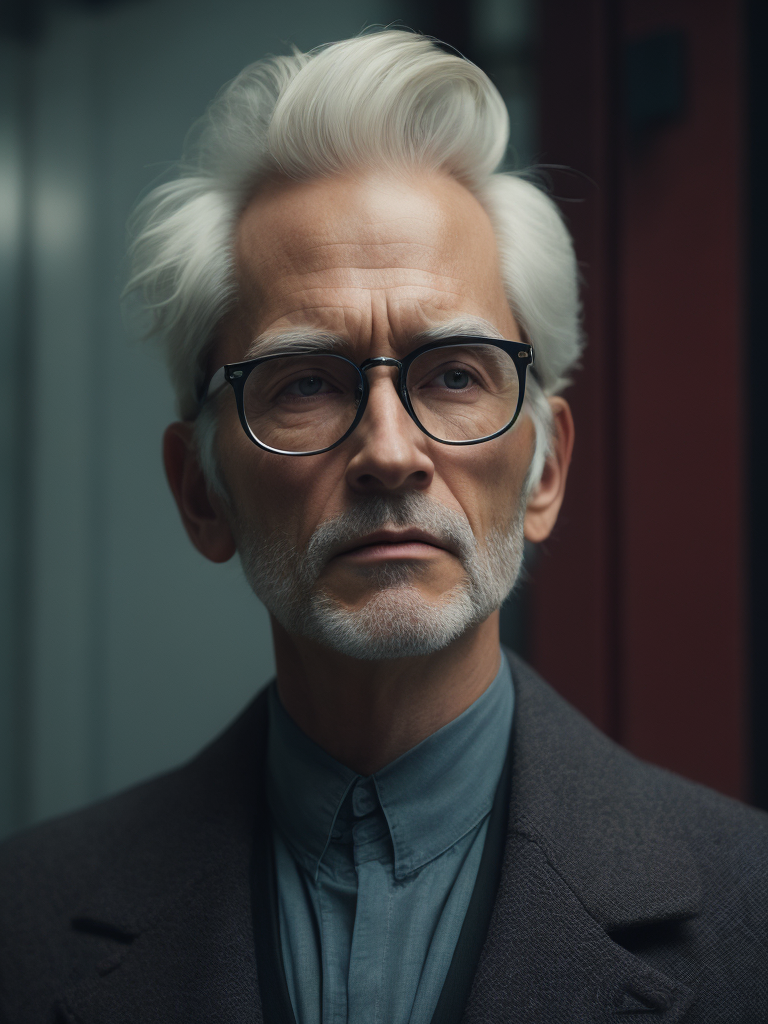 Portrait of an American man in a light suit with white hair wearing glasses with black thick rims, portrait in the style of advertising 50s, red background, sharp focus, highly detailed, vintage advertising, retro style