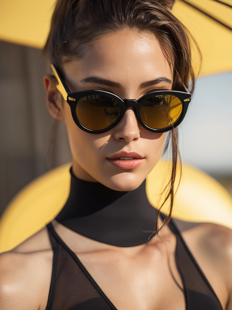 Portrait of a fashion model dressed in a black swimsuit and a yellow transparent sun glasses, Sunny weather, Contrasting light, Hair in a bun