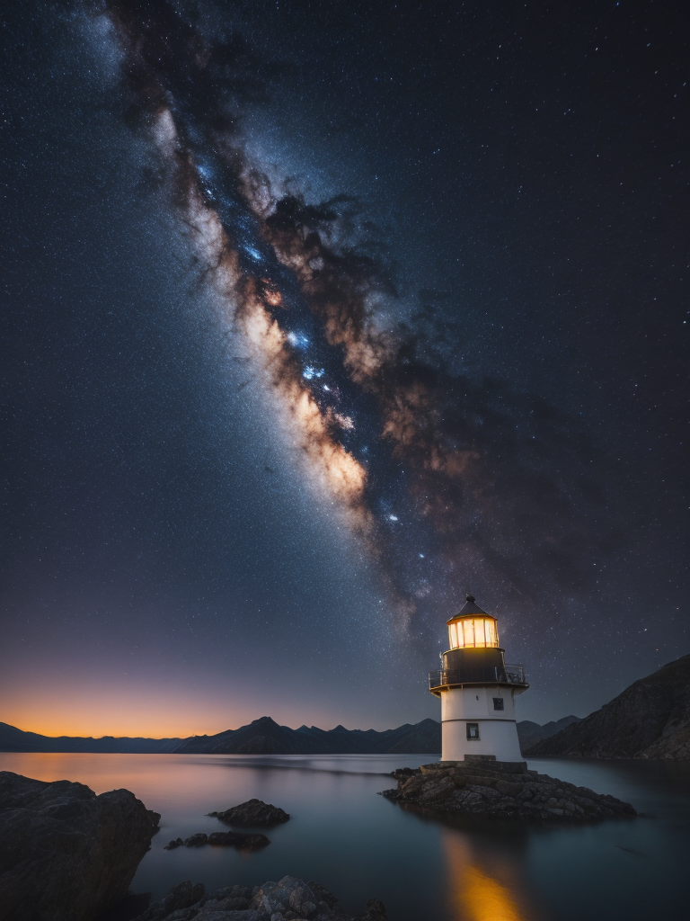 Saturn, milky way, mountains, soft colors, stars, highly detailed, under the water, lighthouse
