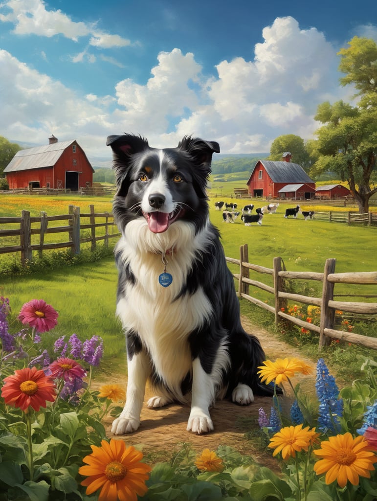 "Imagine a striking image of a Border Collie set against the backdrop of a vibrant, picturesque farm. The Border Collie should be portrayed with its signature intelligence and energy, exuding a lively and friendly demeanor. The farm should be bursting with vivid, lively colors—green pastures, colorful flowers, and a bright blue sky. The collie should stand in the foreground, with the farm's colorful elements providing a cheerful and lively atmosphere. This image should capture the essence of a lively and happy Border Collie enjoying life on a beautiful, vibrant farm."