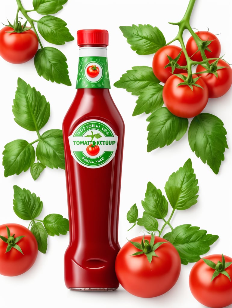 tomato ketchup bottle, red tomato with green leaves, isolated, white background