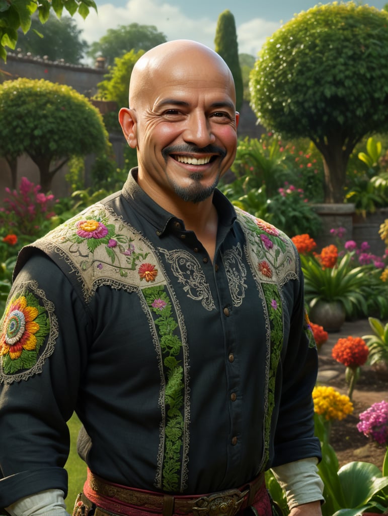 Bald Mexican man, smiling, garden background