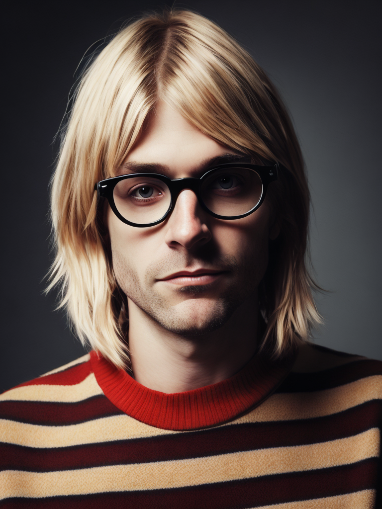 Kurt Cobain is wearing a black and red striped sweater, large oval glasses with thick white frames, with an electric guitar, Vivid saturated colors, Contrast light, studio photo, professional photo, Detailed image, detailed face