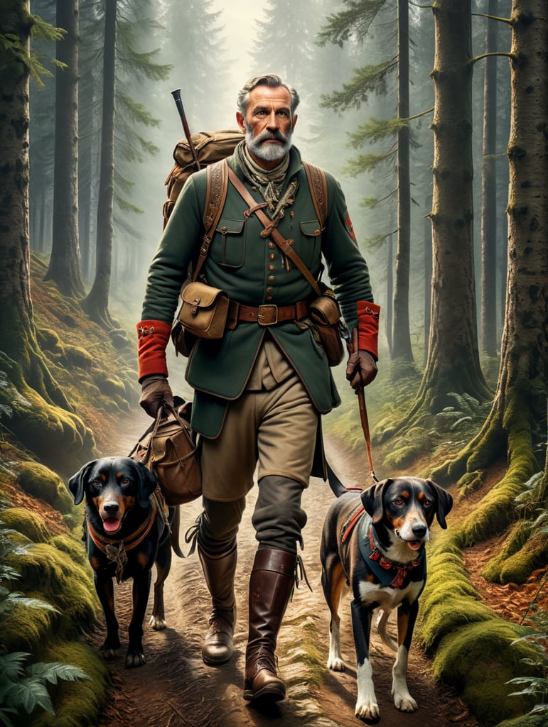 Retro poster an old Austrian hunter with a hunting dog walks along a forest path, dressed in traditional Austrian clothes, carrying a backpack with things, caught game in his belt