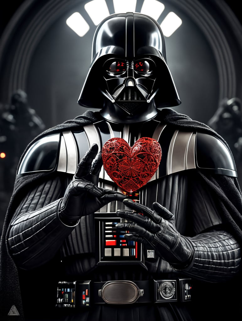 Darth Vader making a gesture hand heart forms a heart shape using their fingers to the Death Star, camera capturing him from his back