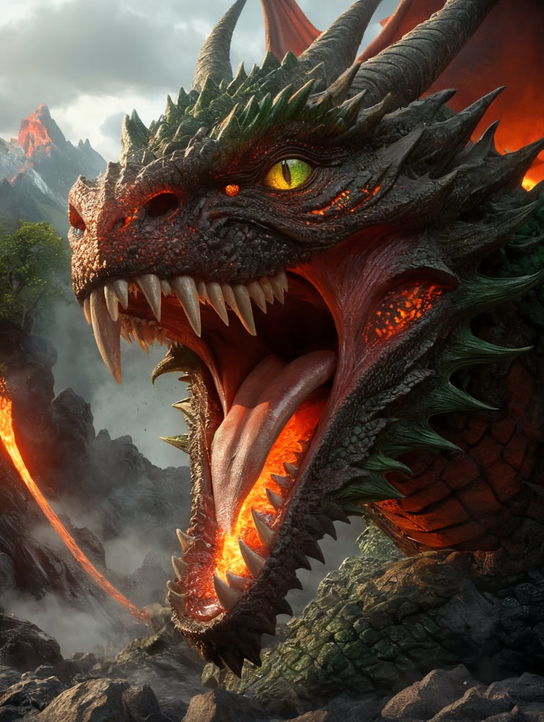lava coming out of the mouth of a green dragon