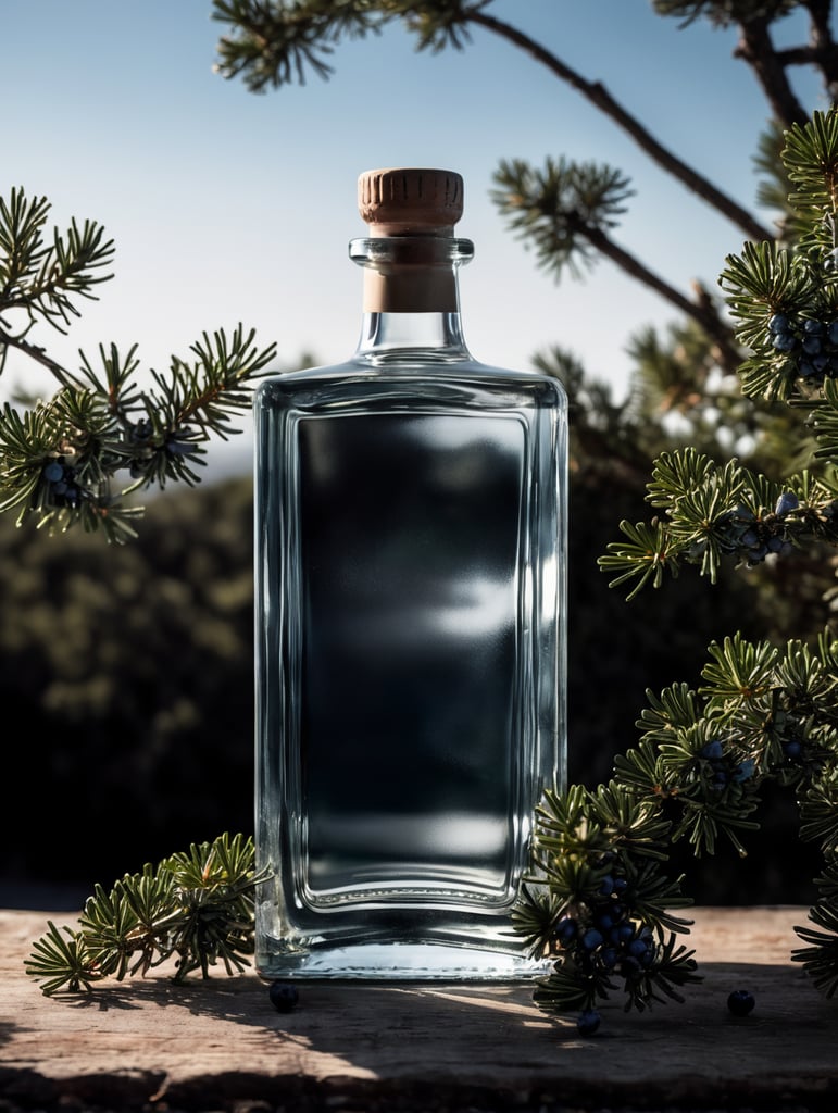 professional photography of a square gin bottle, square bottle, surrounding a juniper and juniper berries, one shot of gin in a front, no label, clear, mockup