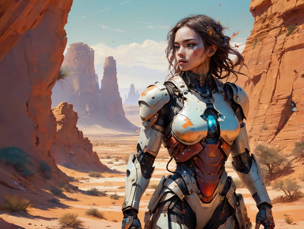 a half-woman and half-robot character wears a very worn light-armor in an Oasis in the middle of a red desert