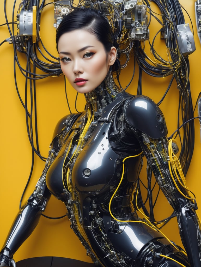 Half body photography, in front of a yellow wall, a futuristic cyborg woman, full of cables and wires and led, an well shaped transparent dark plexiglass latex body plc robots with silver motor head, 80 degree view, art by sergio lopez, natalie shau, james jean and salvador dali