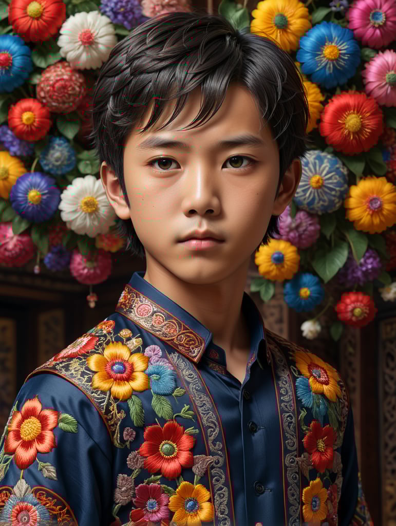 A young Japanese boy stands proudly in his traditional embroidered shirt, surrounded by vibrant colors and intricate patterns. The 8K Ultra HD resolution captures every detail of his outfit, from the delicate stitching to the rich textures. With the use of octane render, this 3D image comes to life in a stunning isometric view.