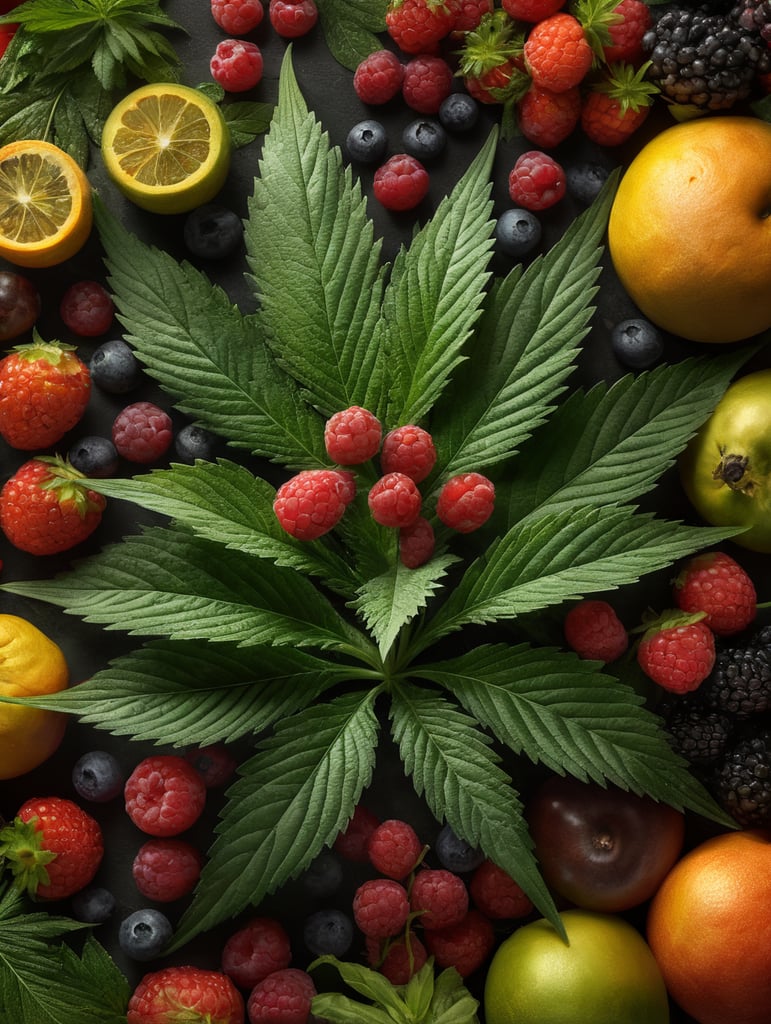 Photorealistic cannabis leaf surrounded by exotic fruit, berries, and vegetables