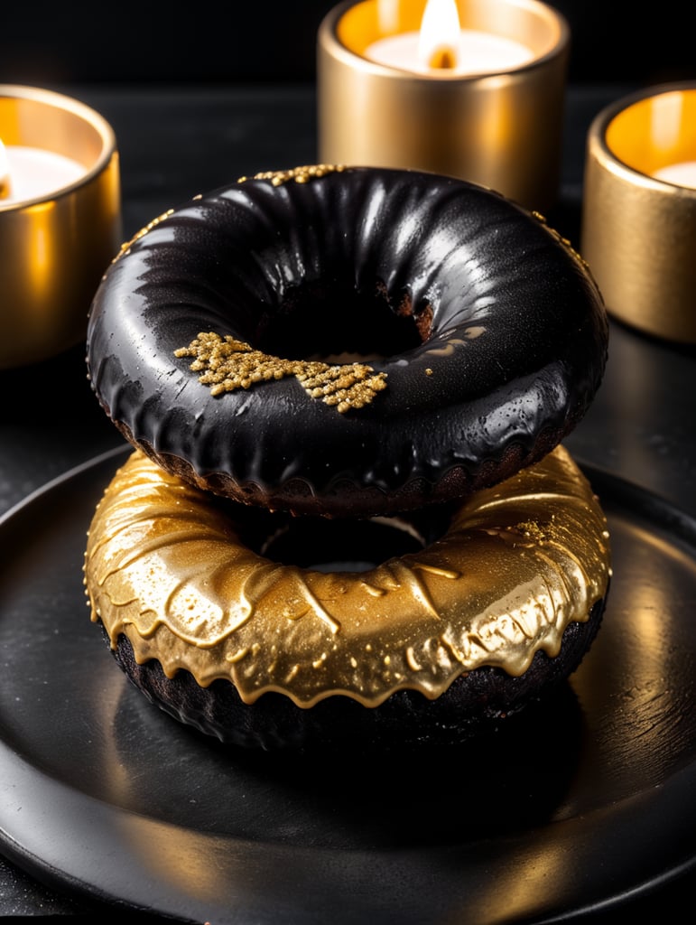 черный пончик покрыт золотом лежит на черном столе, черная комната, слабое освещение
