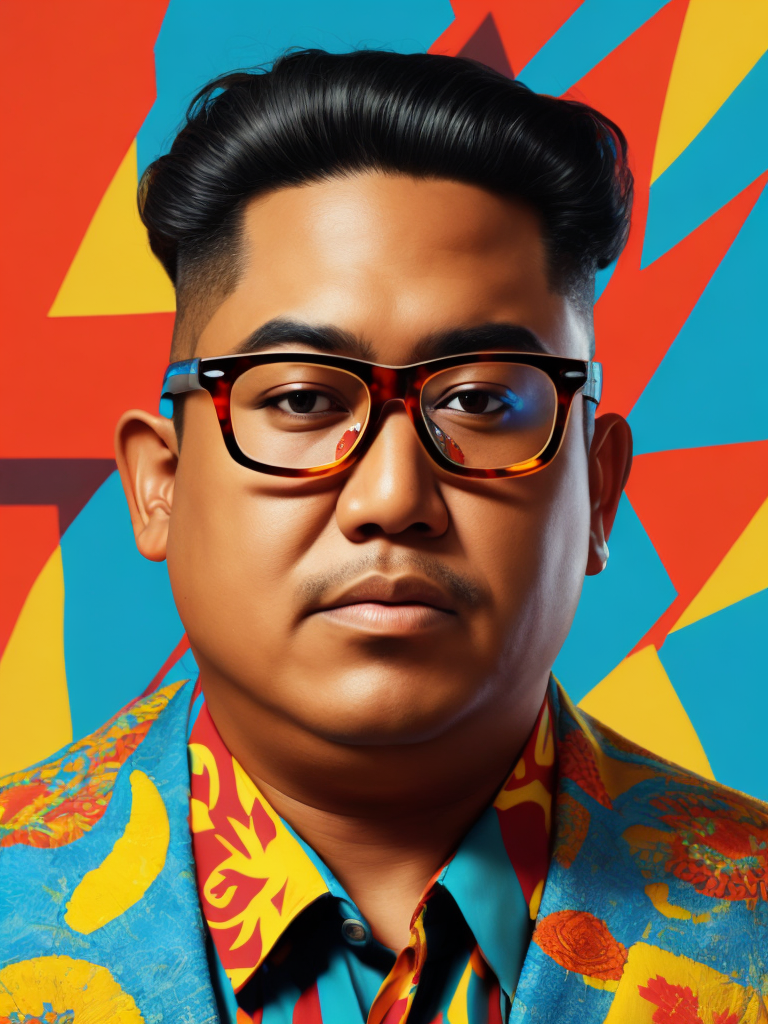 Israel Kamakawiwoʻole wearing a brightly patterned jacket and wayfarer glasses, Vivid saturated colors, Contrast color