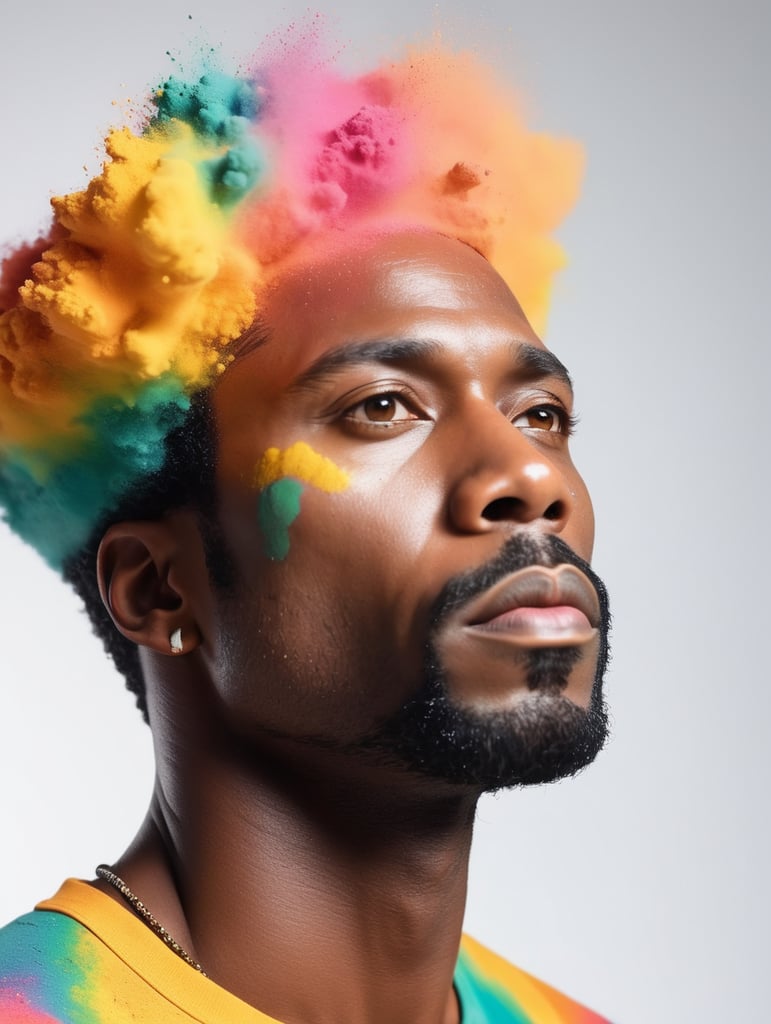 a black man, colourful powder, black background, Wes Anderson style