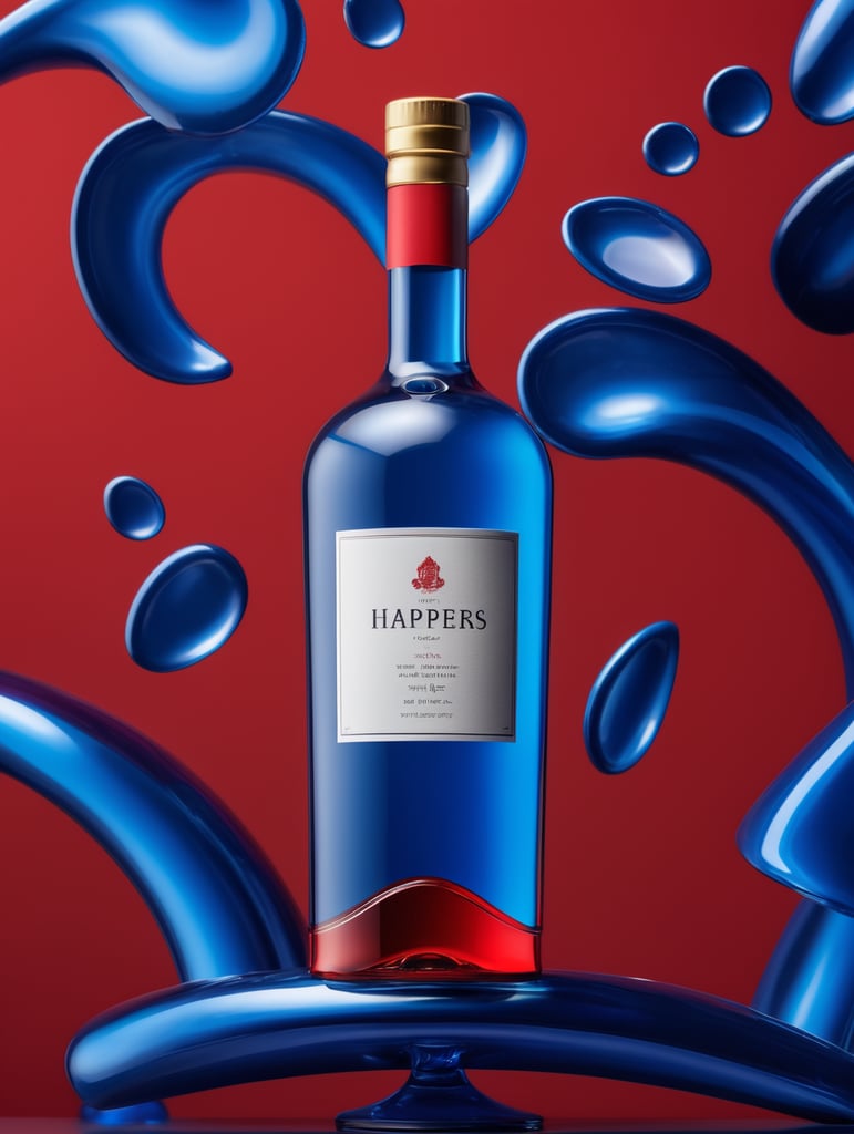 blank Liquor bottle, avant-garde, simplygo, photoshoot spread, all red, blue background, harpers bizarre, cover, headshot, hyper realistic, mockup