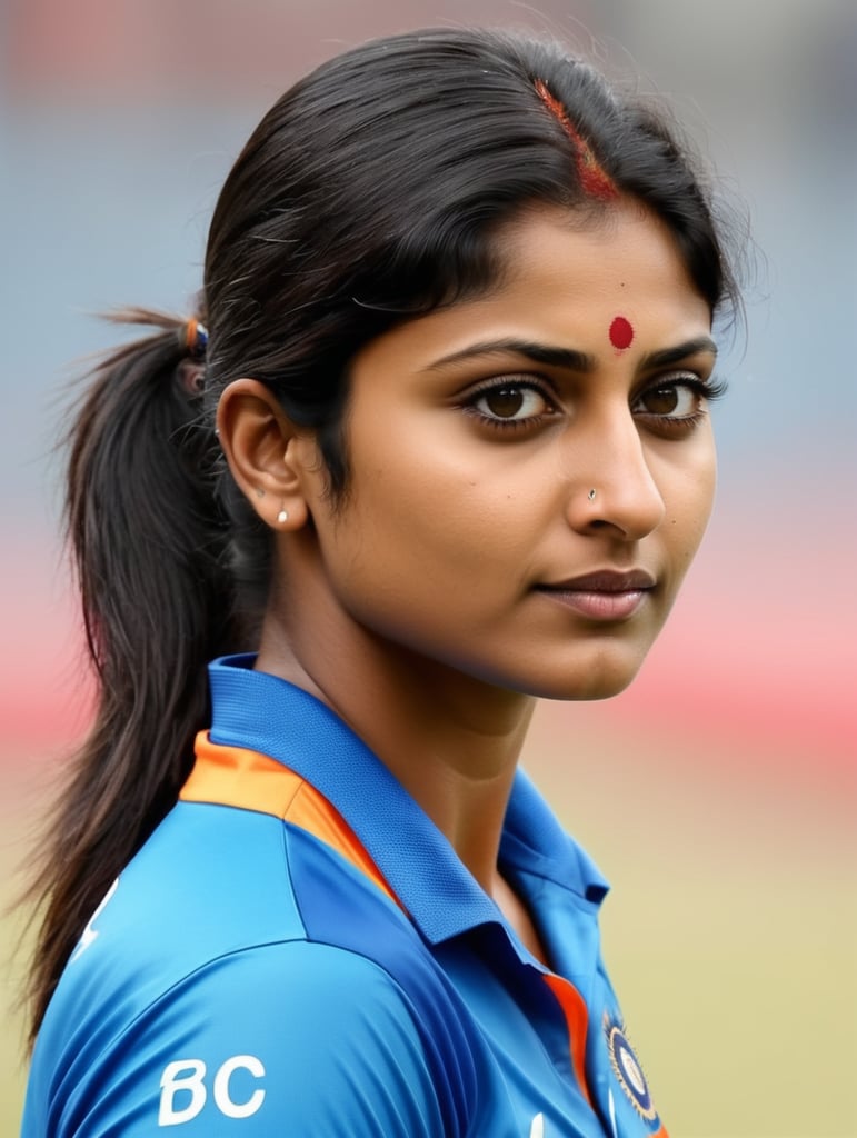 Mitali Raj, Indian cricketer - Abstract form, bold fast patch work colors, full patch colur work technique portrait side face, no make up, natural style of face & hair, no bindi