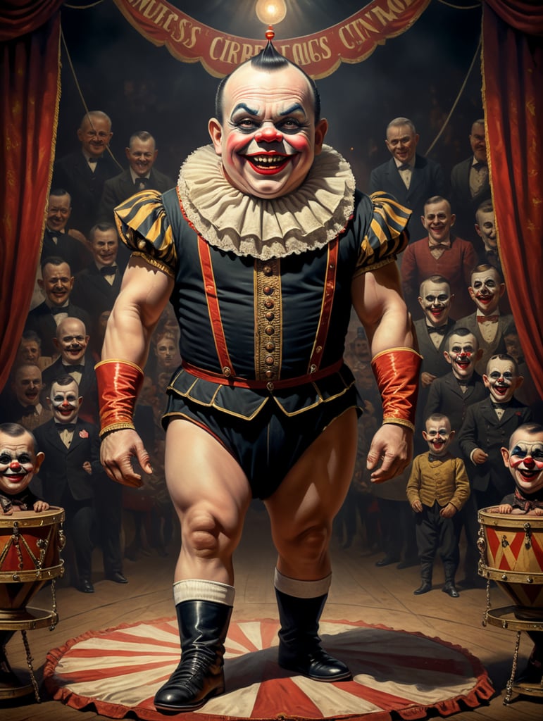 Vintage style circus sideshow poster of a full body anthropomorphic Scary midget