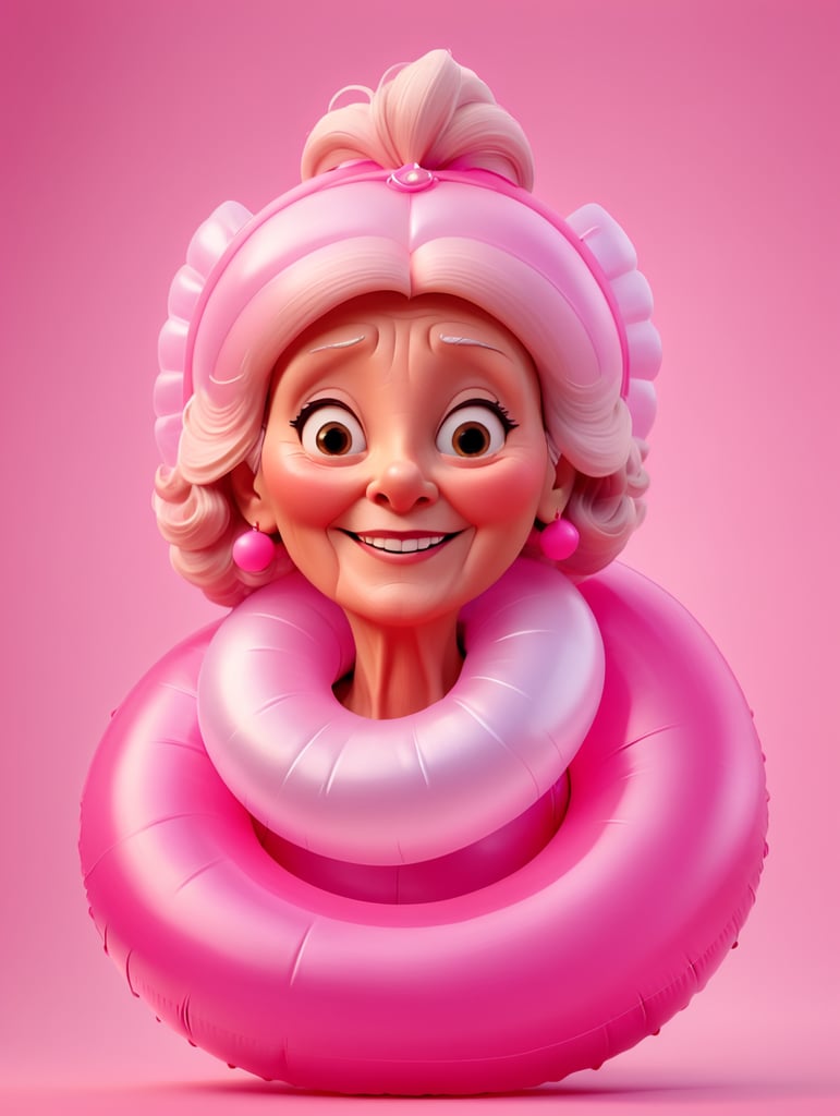 Pretty old women wearing a pink with a pink inflatable ring, isolated on a pink background