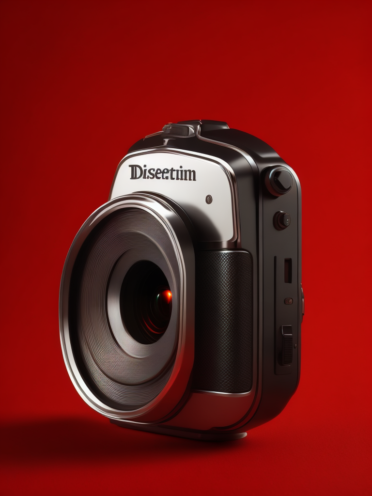 Red background, side view product photography of a camera designed by dieter rams, circular lens, minimal design, hasselblad, nikon, canon, fuji, leica, studio light, ultra realistic, ultra detailed, small labels, super intricate design, intricate detail, Object in the center of the image