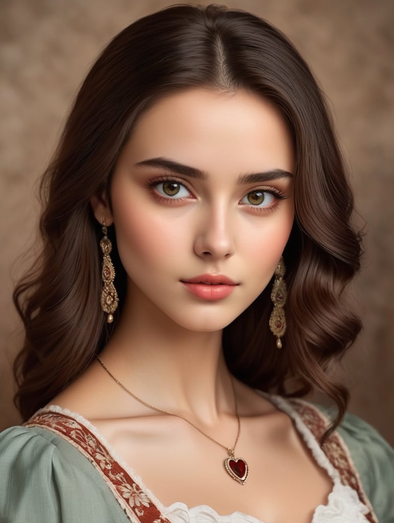 Georgian era twenty year old pretty girl with sharp exquisite bright dark eyes, chestnut hair, natural look, highly detailed, saturated colors, attractive, heart shaped small face, high cheekbones