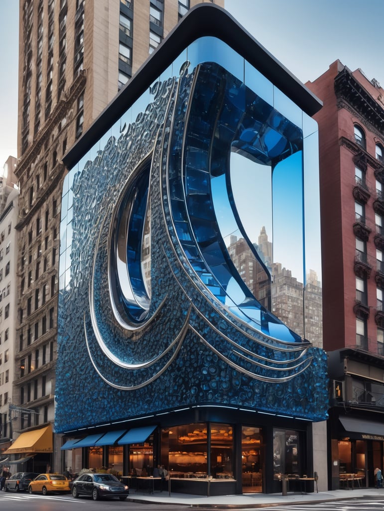 A futuristic neocosmic architectural facade of à Restaurant on the form of a musical note, in New York city, in blue glass, hyper realistic, hyper detailed, Nikon camera