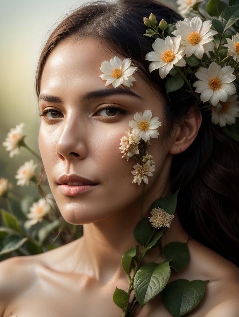 Woman with flowers growing out of skin