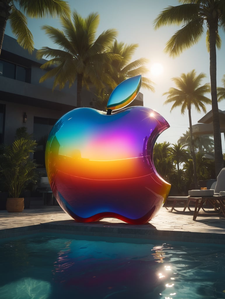 hyper realistic apple imacs as clear plastic pool float with sunlight shining through, neon palette, miami beach, unreal engine, octane render, cinematic lighting, highly detailed miami beach, y2k, bright colors, hyperrealistic, low angle, 16k, 8K UHD, 8K texture, cinematic, rim lighting, neon palette, color theory, dramatic, volumetric lighting, 35 mm, in focus, unreal engine, highly detailed, octane render, ultra high resolution