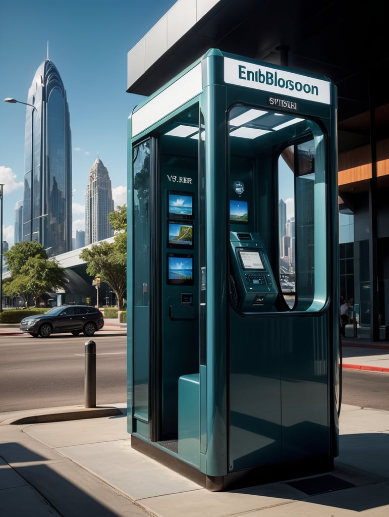 A sleek, state-of-the-art telephone booth with cutting-edge technology and solar power integration, presented through a professional digital illustration style. In the spirit of concept artist Syd Mead, this image showcases a futuristic, cityscape backdrop. The booth exudes minimalism and sophistication with its clean lines and advanced touchscreens. The color palette is a mix of cool, futuristic blues and vibrant, eco-friendly greens. Facial expressions are determined and focused, bathed in the glow of a digitally enhanced atmosphere, demonstrating the embodiment of professionalism in modern technology. --v 5 --stylize 1000