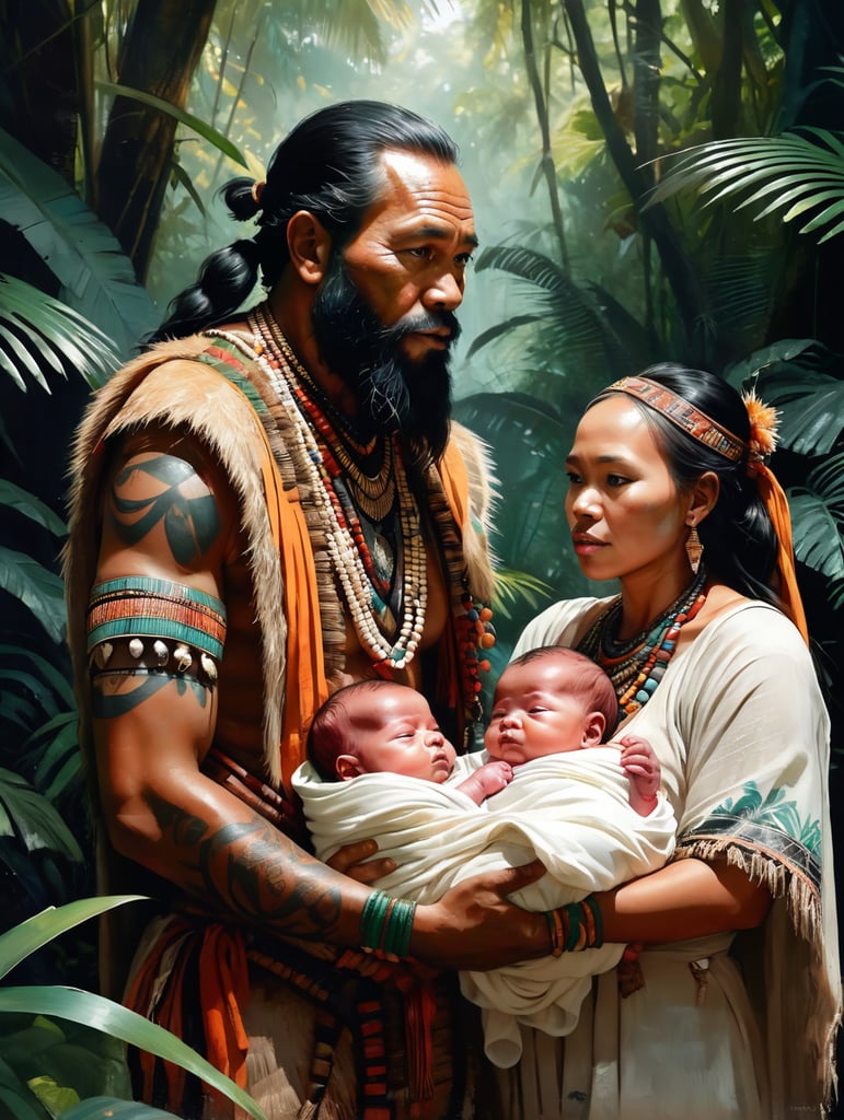 four papa new guinea tribes people in authentic jungle clothing, holding a new born white caucassian baby