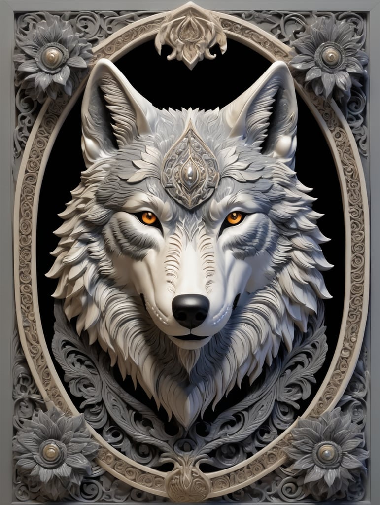 This is an image of a three-dimensional representation of a wolf, with intricate detailing that gives it an almost sculpted, bas-relief appearance. The wolf is depicted with a noble and serene expression, and its fur is rendered in swirling patterns that add to the artistic quality of the piece. The color palette is primarily in shades of dark grey and black, which adds to the majestic and somewhat mystical aura of the wolf. There is also an ornate border framing the artwork, suggesting that this might be a decorative piece or a part of a larger installation.