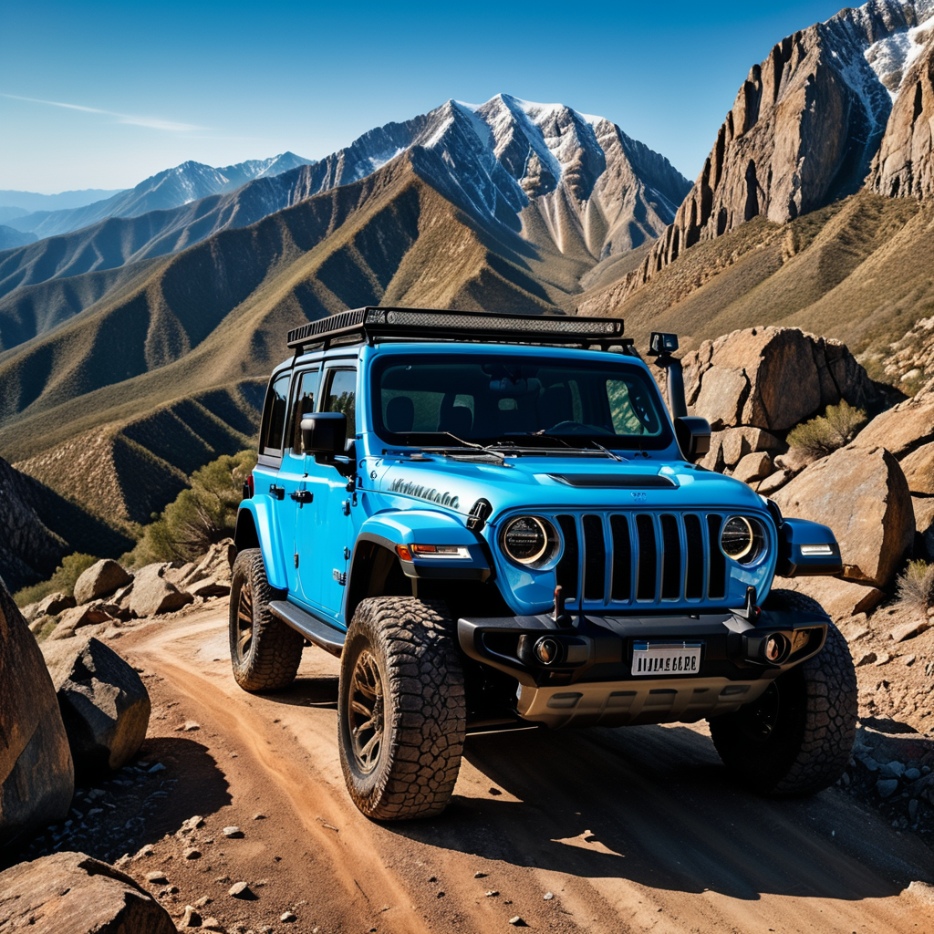 a sky blue Jeep Wrangler JL climbing a mountain in a beautiful landscape all with an adventurous atmosphere