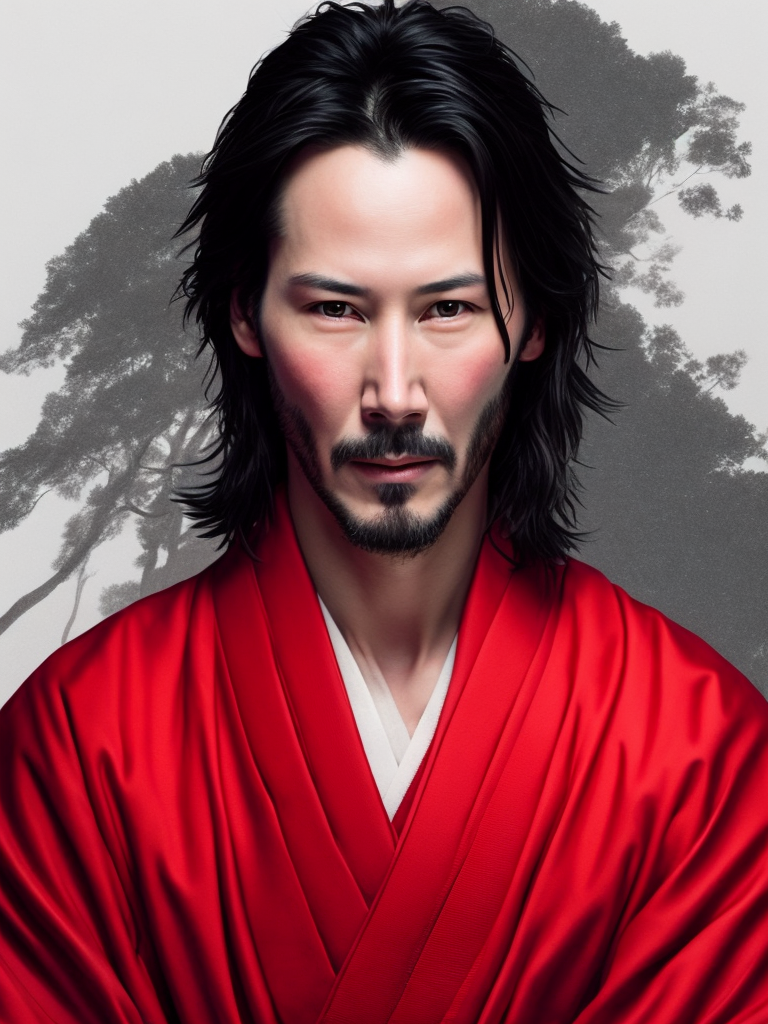 Portrait of Keanu Reeves as a samurai in a red kimono, serious look, detailed background in an oriental style, bright saturated colors