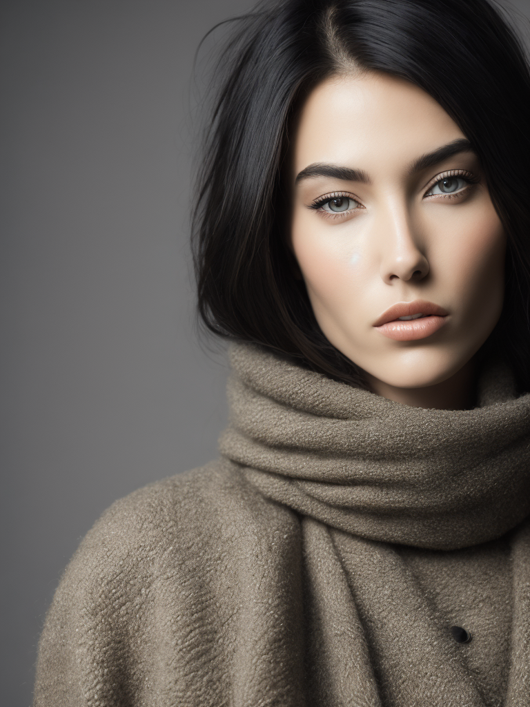 A photo close-up of a beautiful black haired woman with freckles, fashion editorial, studio photography, magazine photography, pointed nose, blurry background