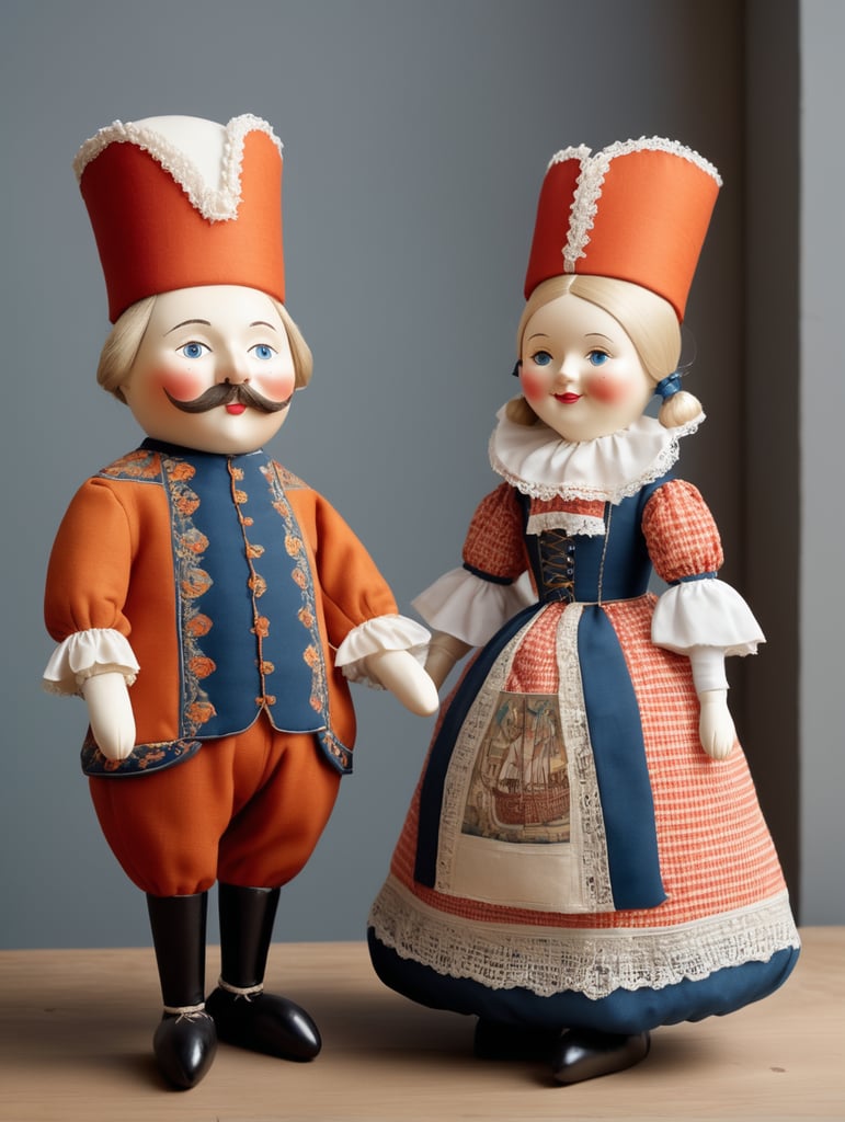 A pair of anthropomorphic dolls in the style of Dutch tradition, soft sculpture, historical subjects, Danish design, folklore theme, colorful caricature