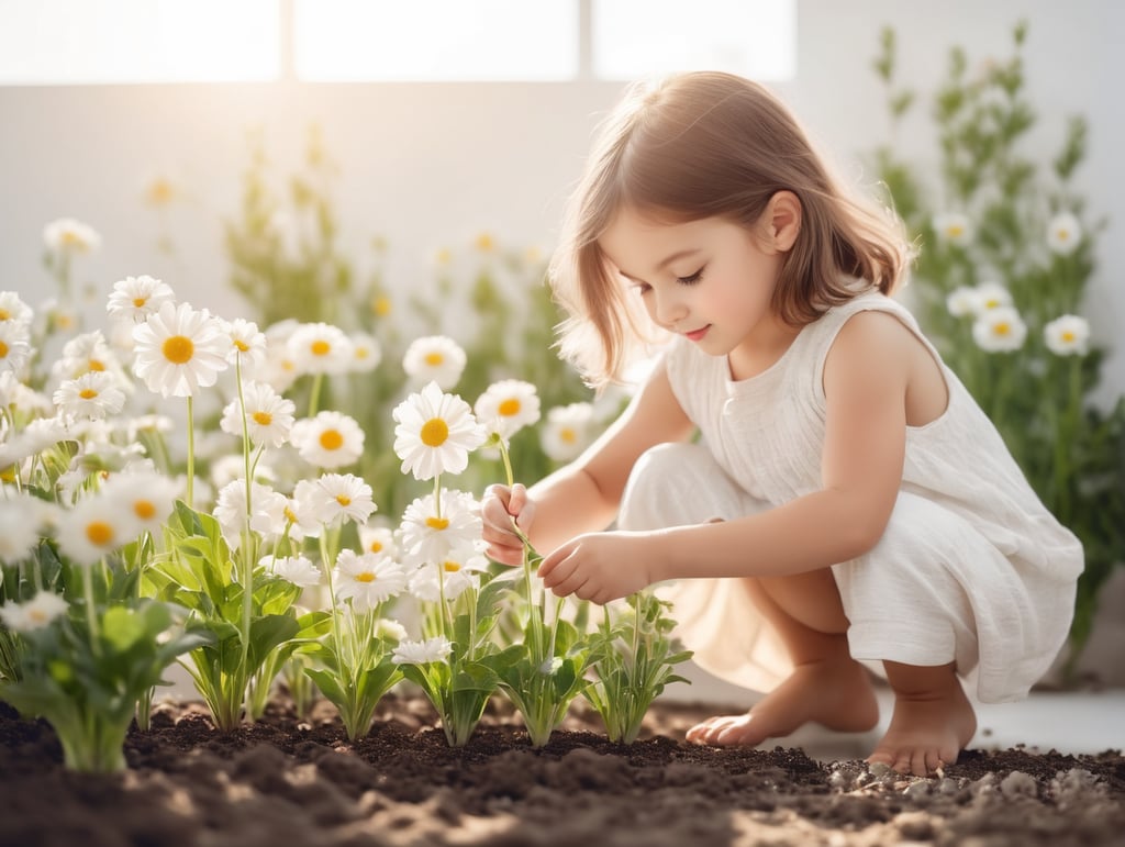 maza meitenīte stāda puķes