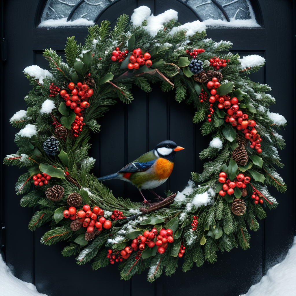 close up photo of a christmas wreath with a bird and berries on it, snowy atmosphere, dark colors, deep colors