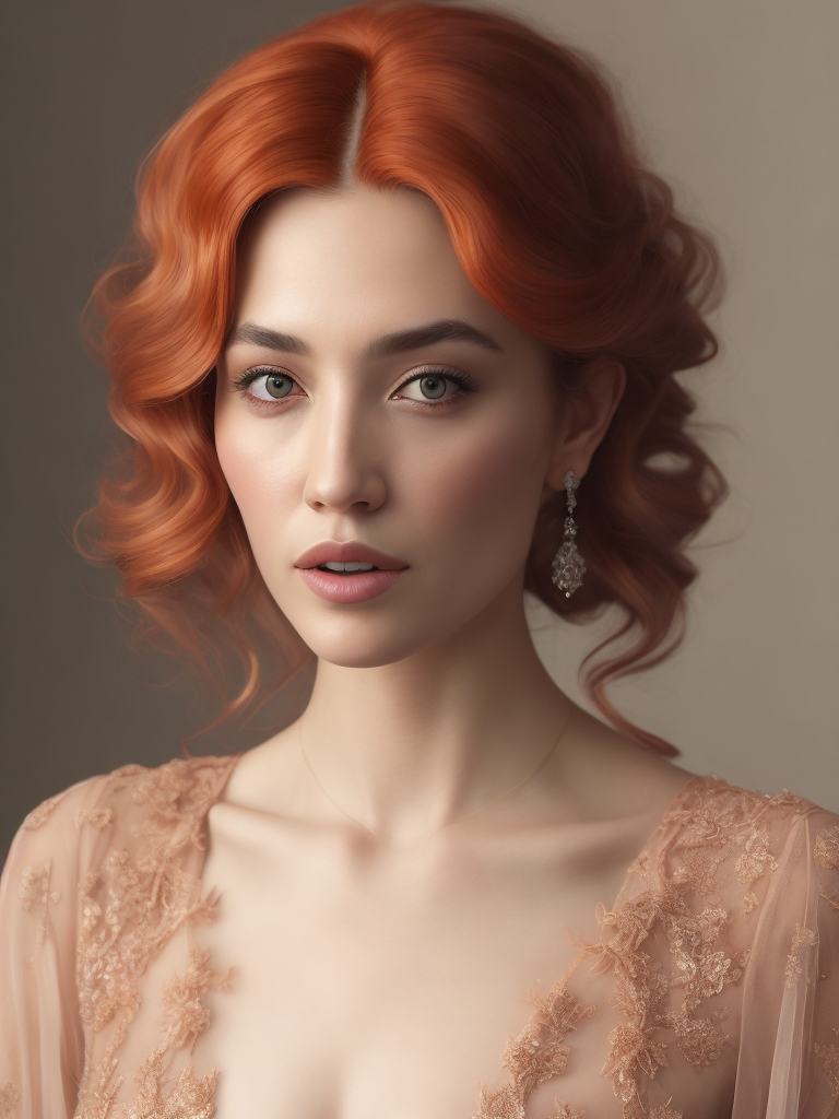 A lady sporting rosy-hued hair donned in a delicate pink lace gown, artfully rendered in hyperrealism and photorealism, ultra-high-definition image, gentle-focused realism, adorned with pastel colors.