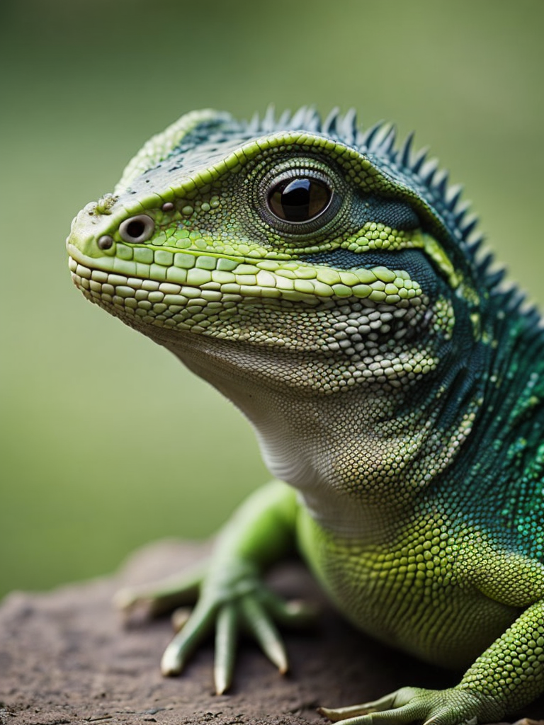 Green feathered lizard, Vibrant colors, Depth of field, Incredibly high detail, Blurred background Vivid saturated colors, Contrast light, studio photo, professional photo, Detailed image, detailed face