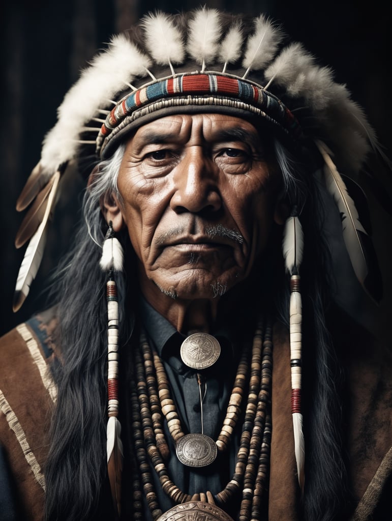 portrait, old western Native American Shaman, national clothing, dark scene, dark atmosphere, epic shot, sharp on details