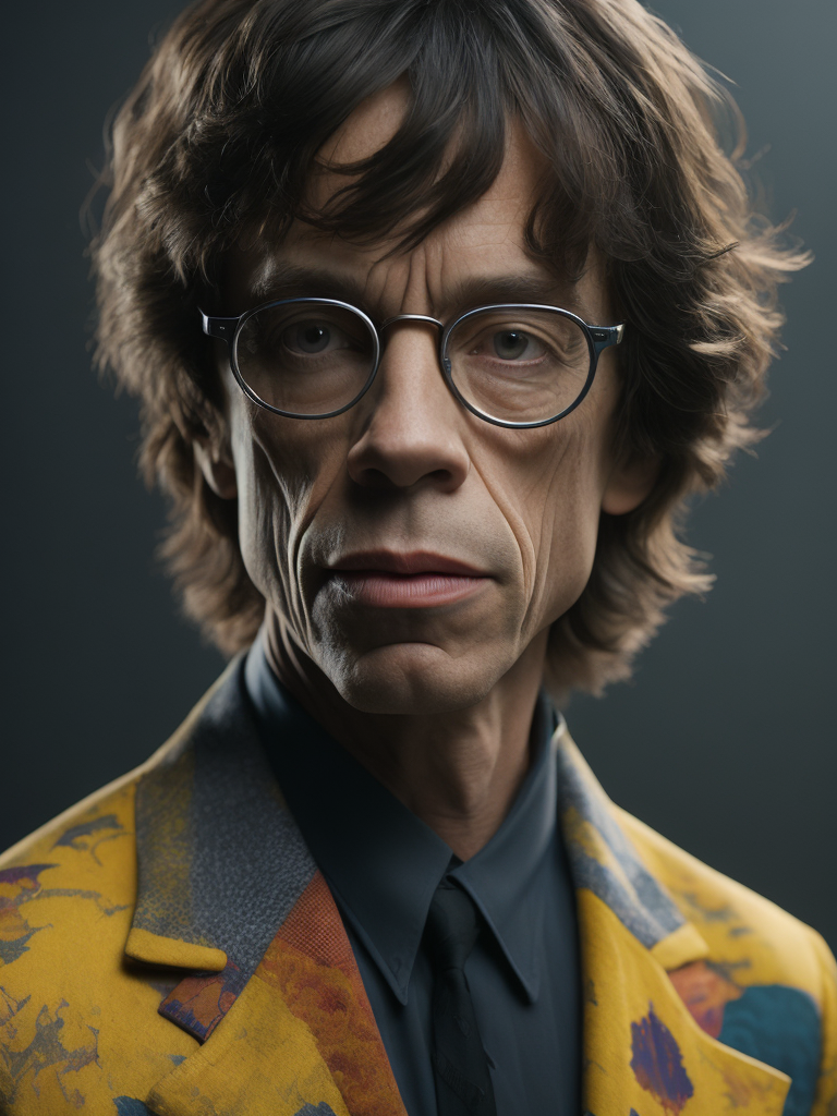 Mick Jagger wearing a brightly patterned jacket and wayfarer glasses, Vivid saturated colors, Contrast color