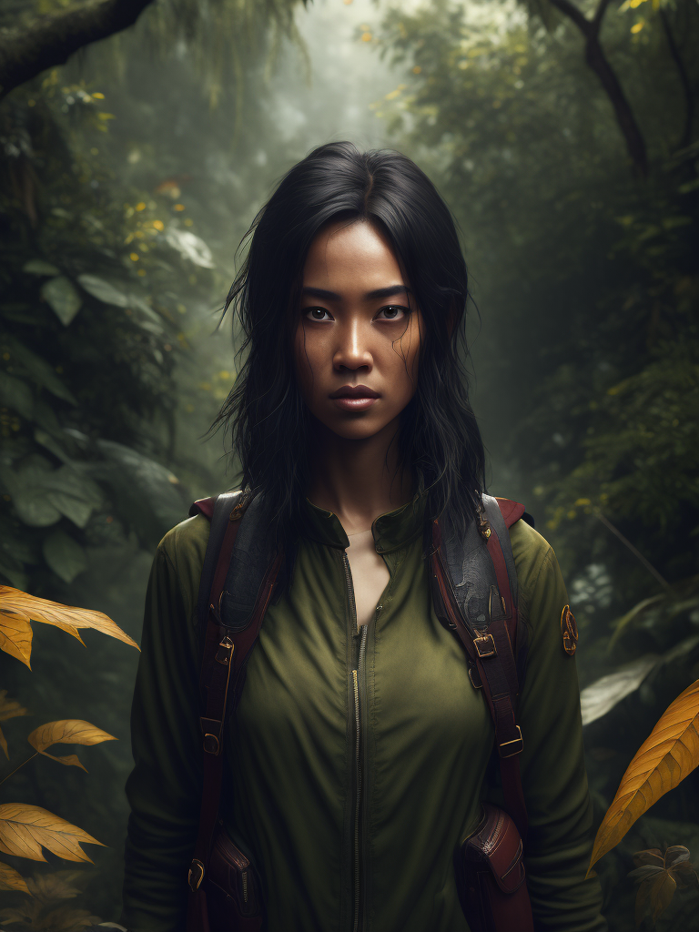 Indonesia, young woman in jungle, scifi, rainy, autumn, dark details